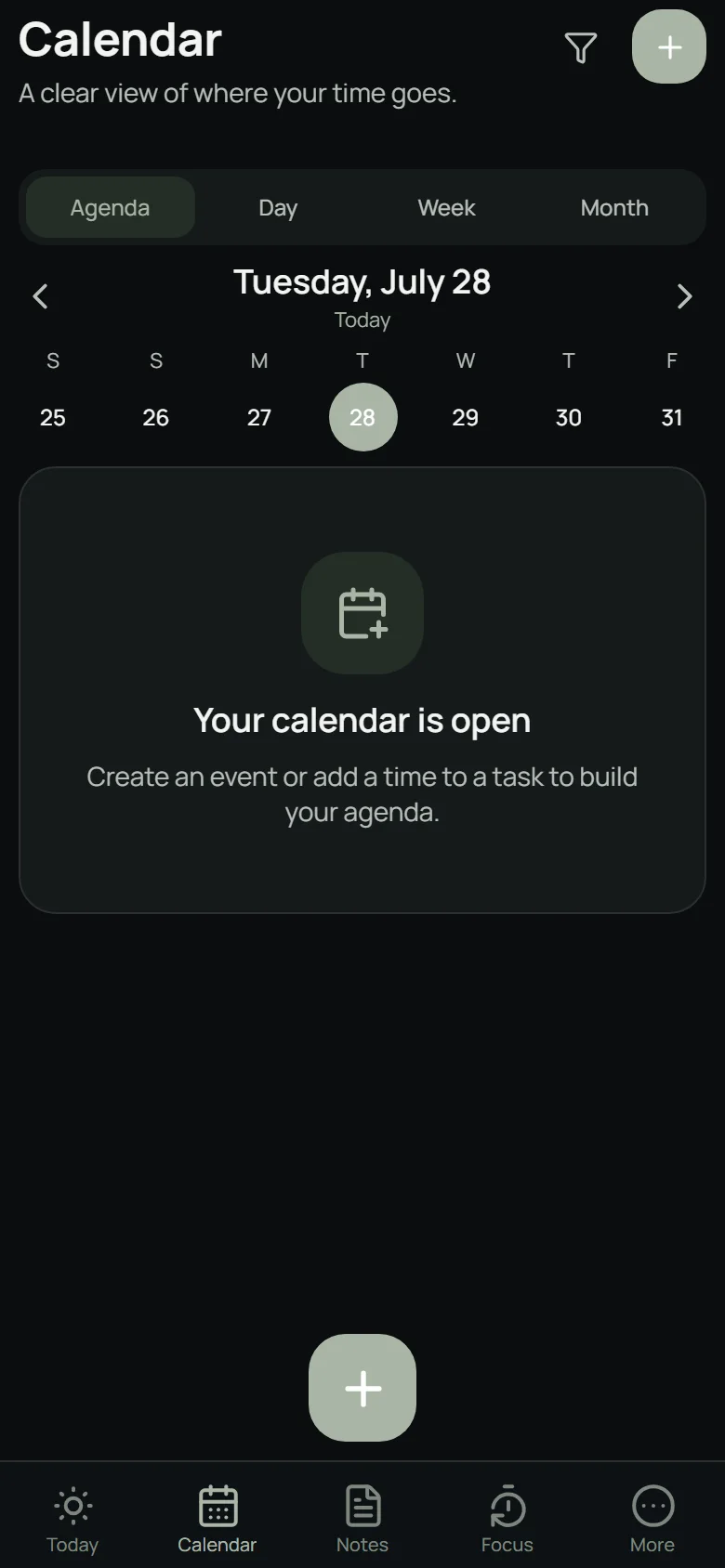 Inkoum calendar screen with agenda, day, week, and month views