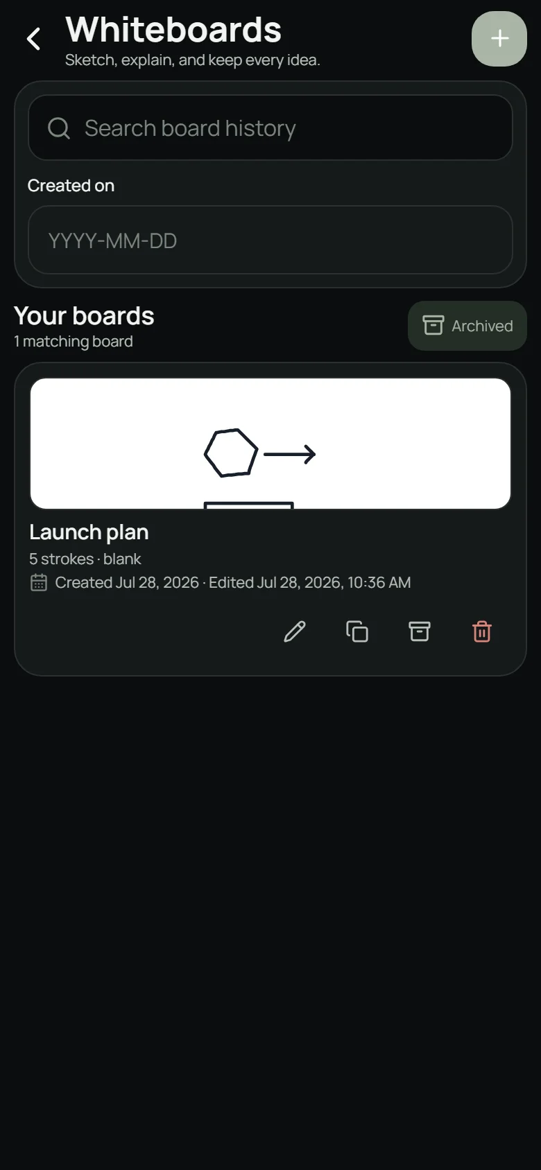 The whiteboard library screen in Inkoum, listing saved boards